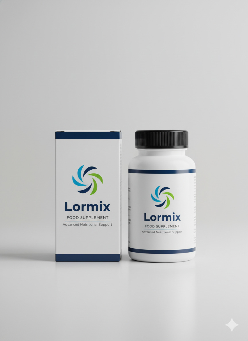 Lormix food supplement bottle and packaging on a neutral surface